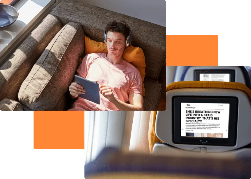 Man lounging on a sofa with headphones, engrossed in a tablet, juxtaposed with an airplane seat-back screen displaying a business article.